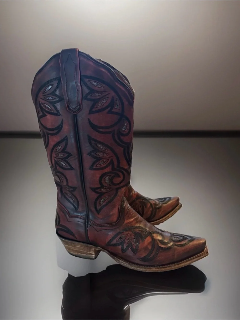 Dan Post DP4006 Leather Overlay Embroidered Cowgirl Boots Burgundy Black 7.5M